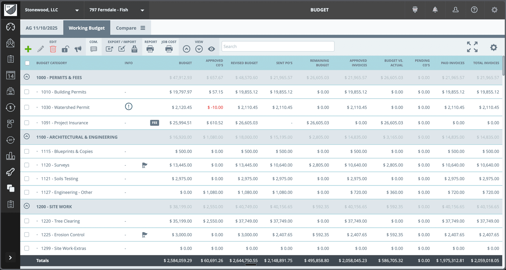 BuildTools budget tracking showing detailed cost codes, approved change orders, and budget vs actual comparison