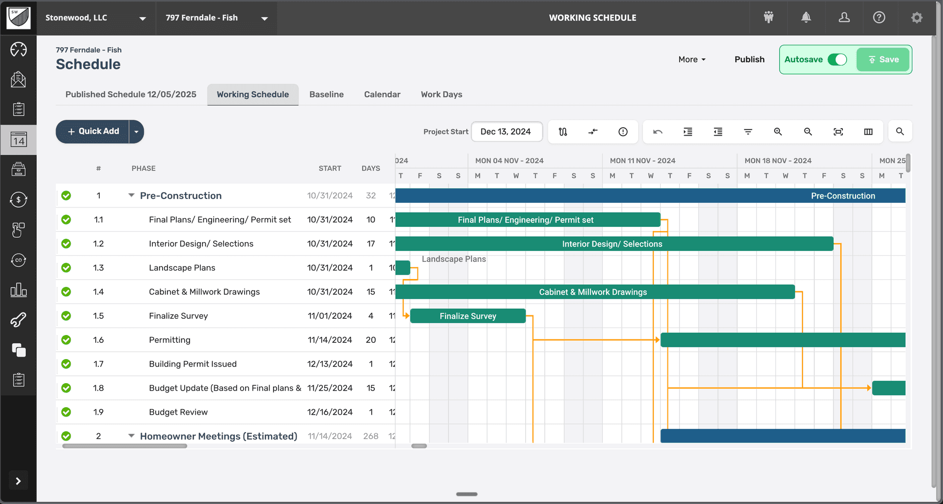 BuildTools Gantt chart schedule showing pre-construction phase with task dependencies
